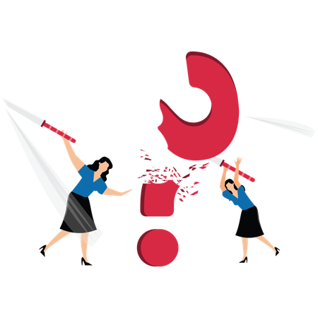 Businesswomen took a sword and chopped to destroy the giant question mark  Illustration