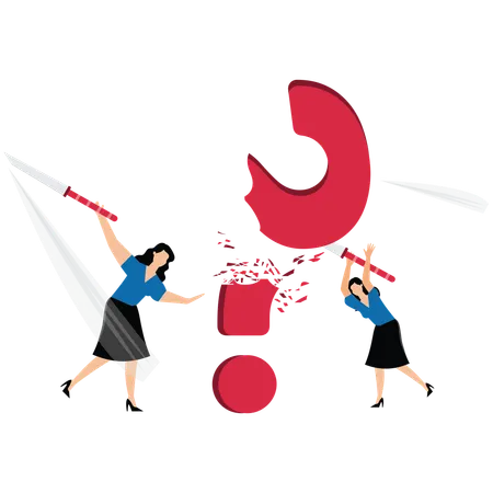 Businesswomen took a sword and chopped to destroy the giant question mark  Illustration