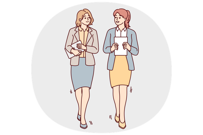 Businesswomen walk talking in office  Illustration