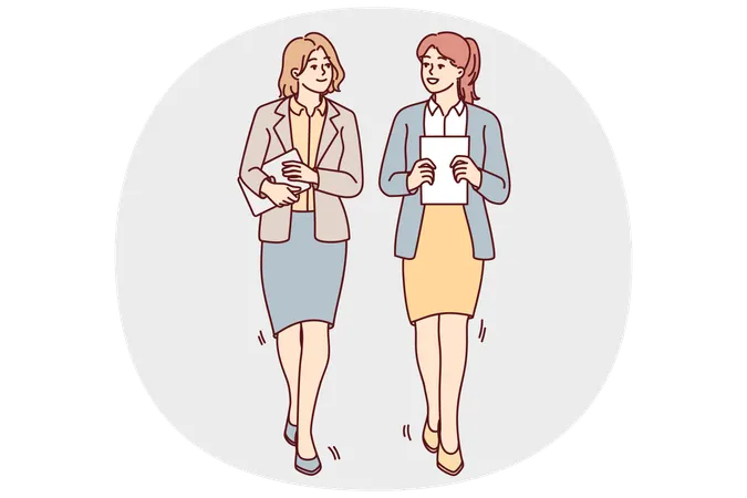 Businesswomen walk talking in office  Illustration