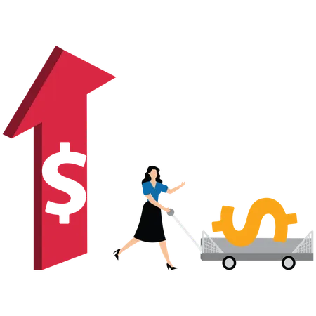 Businesswomen with dollar signs jumping out from inside arrow  Illustration