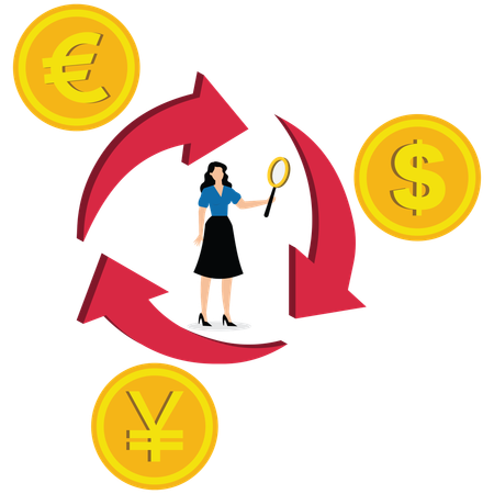 Businesswomen with magnifying glasses standing between currencies that are converting to each other  Illustration