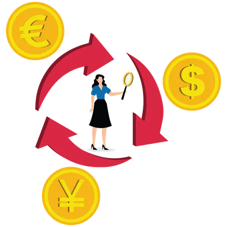 Businesswomen with magnifying glasses standing between currencies that are converting to each other  Illustration