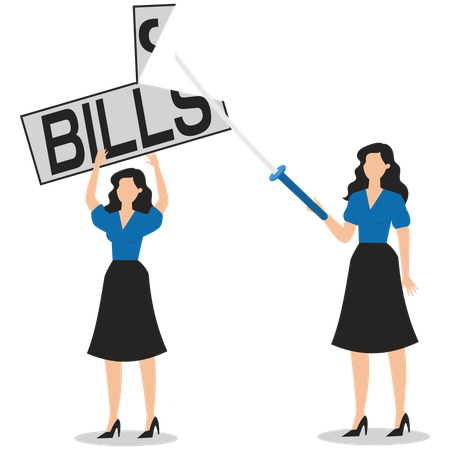 Businesswomen with swords cutting bills held by their colleagues  Illustration