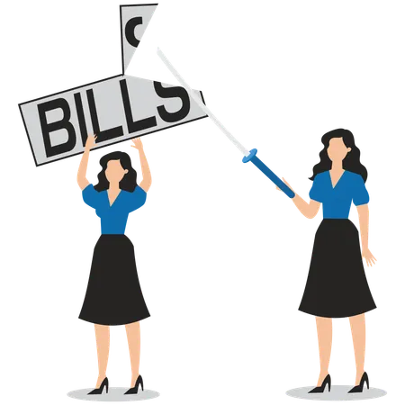 Businesswomen with swords cutting bills held by their colleagues  Illustration