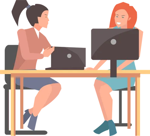 Businesswomen Sitting At Workplace And Working With Computers Women Engaged In Business With Laptops Plan Development Strategy Freelance Business Company Employees Doing Work Online Together Illustration