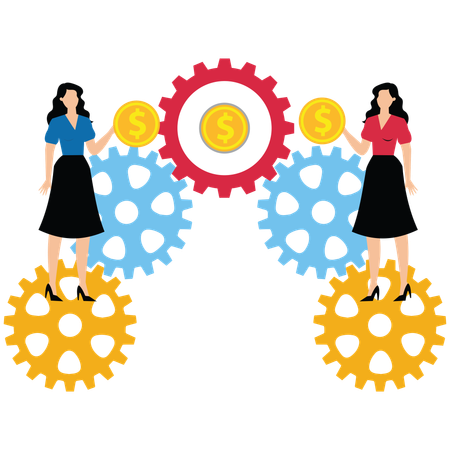 Businesswomwn Taking Gold Running on Gears Connecting Gold  Illustration