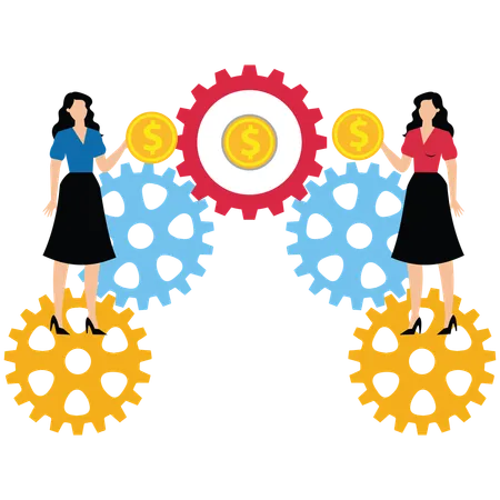 Businesswomwn Taking Gold Running on Gears Connecting Gold  Illustration