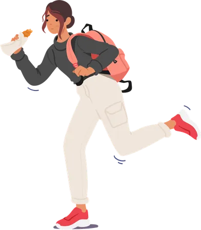 Busy Student Girl Backpack Slung Takes Quick Bites From A Snack While Rushing To Class Multitasking On The Go Character Fueling Her Studies With Every Step Cartoon People Vector Illustration Illustration