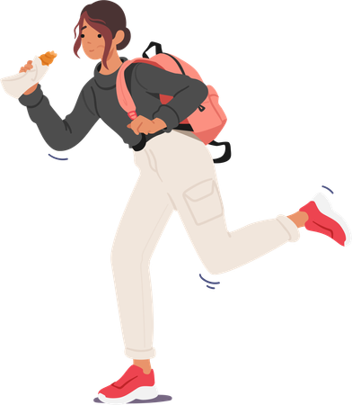 Bust student takes quick bites from a snack while rushing to class  Illustration