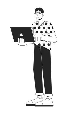 Busy Asian Worker Flat Line Black White Vector Character Editable Outline Full Body Freelancer Programming Simple Cartoon Isolated Spot Illustration For Web Graphic Design Illustration