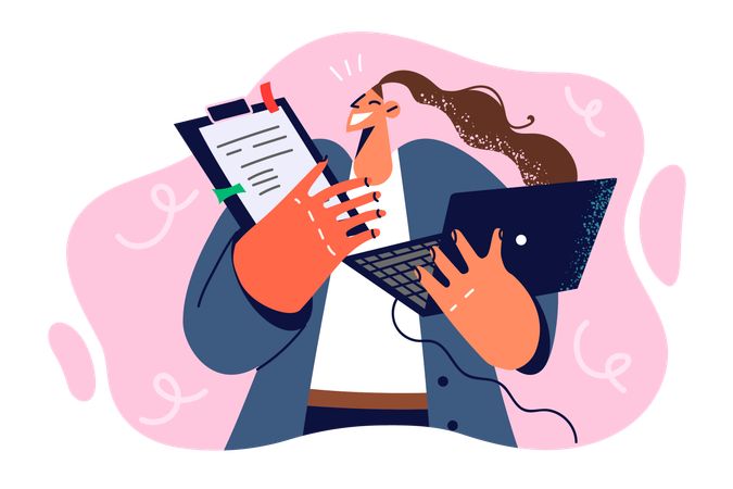 Busy business woman is standing with laptop and clipboard  Illustration