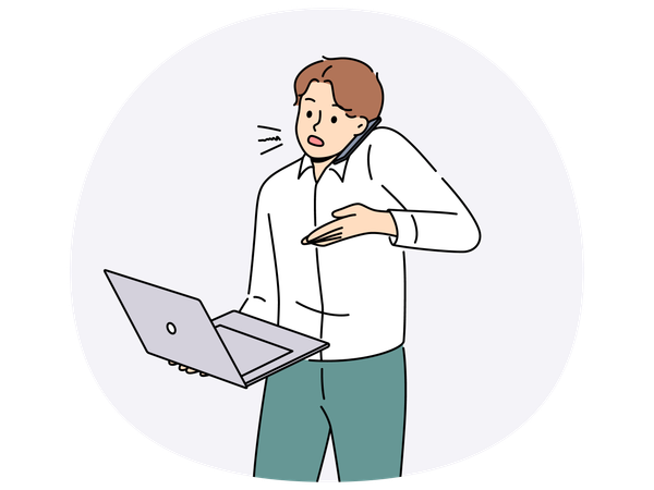 Busy businessman work on laptop talk on phone  Illustration