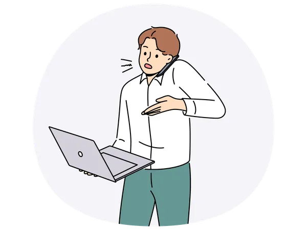 Busy businessman work on laptop talk on phone  Illustration