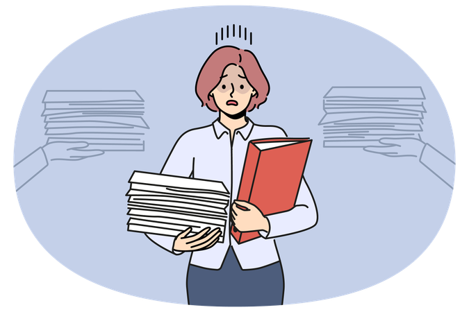 Busy businesswoman with pile of documents needs helper or secretary to do paperwork  Illustration