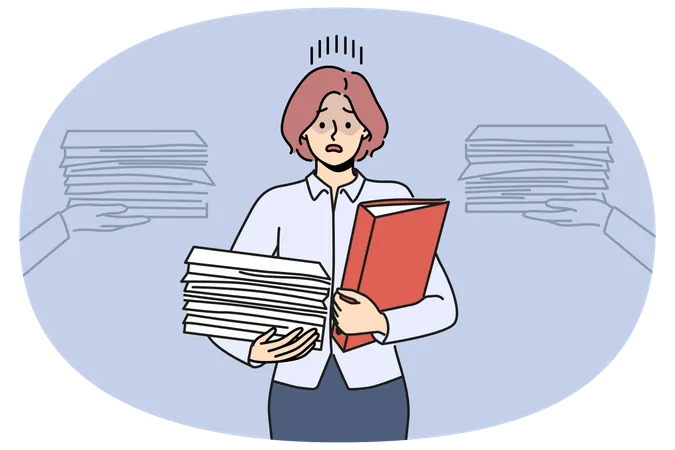Busy businesswoman with pile of documents needs helper or secretary to do paperwork  Illustration