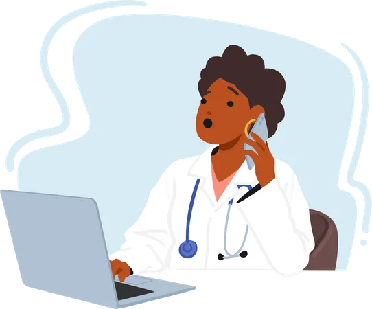 Busy Female Doctor Working On Laptop While Handling Phone Call  Illustration