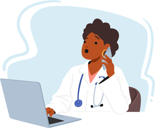 Busy Female Doctor Working On Laptop While Handling Phone Call  Illustration