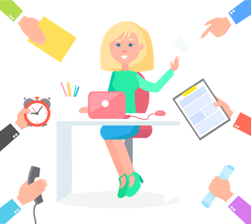 Busy female office worker overload with professional tasks  Illustration
