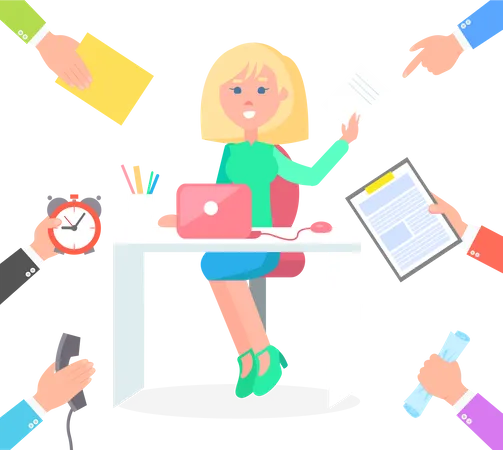 Woman At Work Desk And Hands That Give Business Orders Busy Female Office Worker Overload With Professional Tasks Cartoon Flat Vector Illustration Illustration