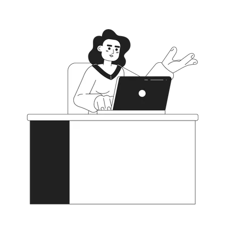Busy Hispanic Woman Working On Laptop 2 D Vector Monochrome Isolated Spot Illustration Attractive Office Flat Hand Drawn Character On White Background Hardworking Editable Outline Cartoon Scene Illustration