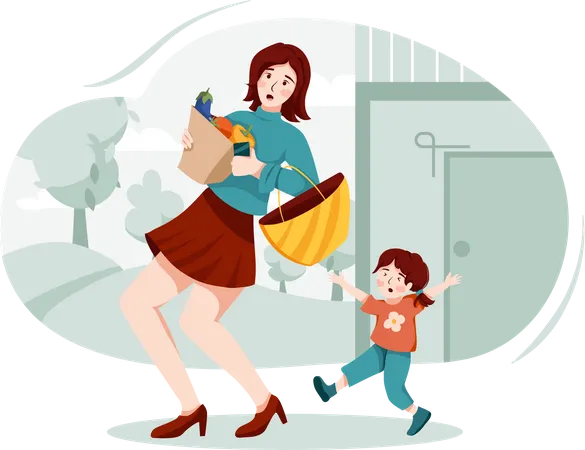 Busy lady managing to complete shopping with child Illustration