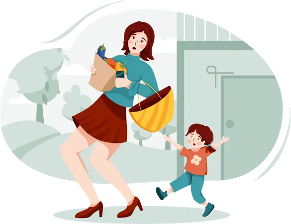 Busy lady managing to complete shopping with child  Illustration