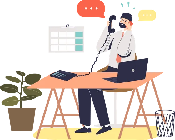 Busy Manager At Workplace Answering Many Phone Calls Overwhelmed Office Worker Concept Workaholic Businessman Sitting At Office Desk Overworked Cartoon Flat Vector Illustration Illustration