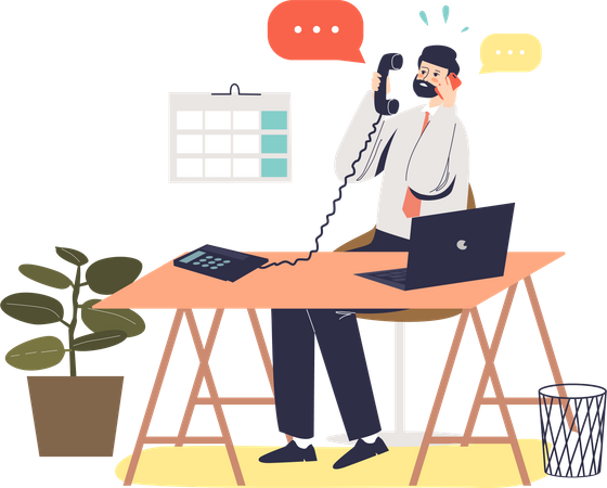 Busy manager at workplace answering many phone calls  Illustration