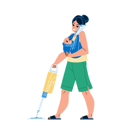 Busy Mother Housekeeping And Communicate Vector Young Busy Mother Holding Toddler Baby Cleaning Floor With Vacuum Cleaner And Talking On Mobile Phone Character Flat Cartoon Illustration Illustration