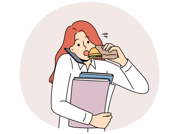 Busy multitasking woman answers phone biting on sandwich to save time at tasty lunch  Illustration