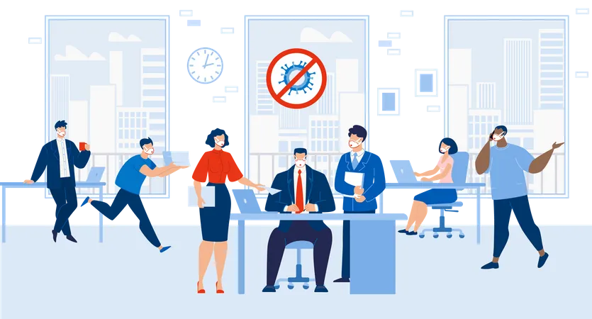 Busy Office Failure Deadline After Covid 19 Outbreak Stop Stressed Overworked Employee Team Boss Chief Tired Confusing Businessman Worker And Paperwork Business Company Workspace After Pandemic Illustration