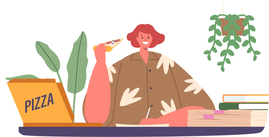 Busy Office Woman Indulges In A Quick Pizza Break At Her Cluttered Desk Female Character Savoring A Slice Amid The Chaos Of Paperwork And Ringing Phones Cartoon People Vector Illustration Illustration