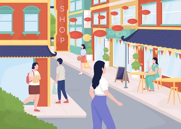 Busy street in Chinatown Illustration