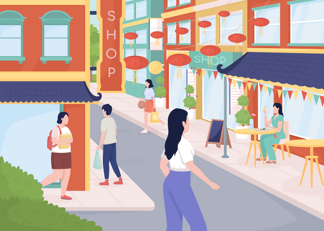 Busy street in Chinatown  Illustration