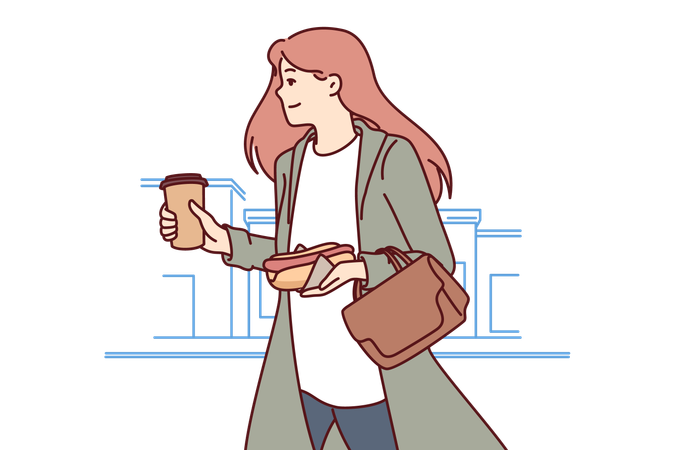 Busy successful woman hurries to work with coffee cup in hands  Illustration