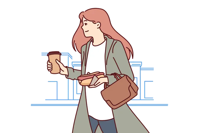 Busy Successful Woman Hurries To Work Runs Through City Streets With Hot Dog And Coffee In Hands Busy Positive Businesswoman Doesnt Have Time To Have Breakfast In Morning And Eats On Go Illustration