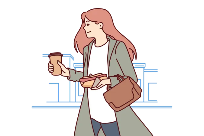 Busy successful woman hurries to work with coffee cup in hands  Illustration