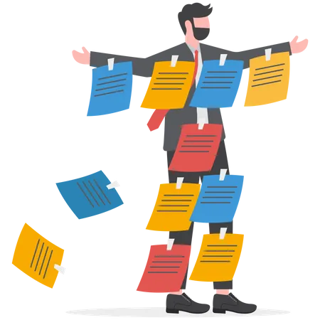 Busy tired businessman cover with adhesive reminder sticky notes on him  イラスト