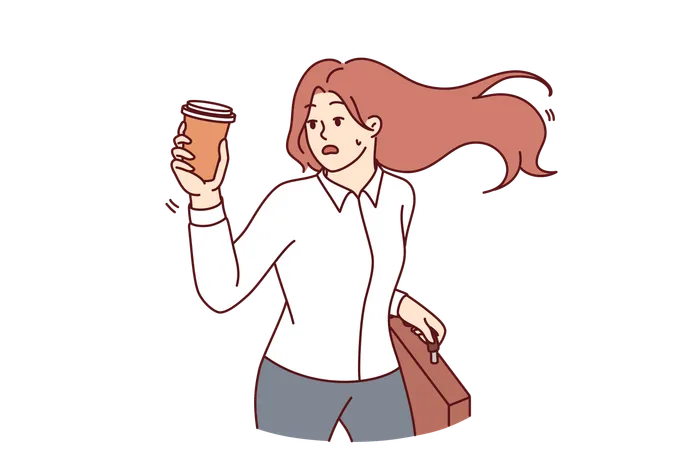 Late Woman Office Clerk Runs With Coffee In Hands To Be On Time For Corporation Meeting With Boss Late Girl With Glass And Business Briefcase Is Trying To Catch Up With Departing Bus Illustration