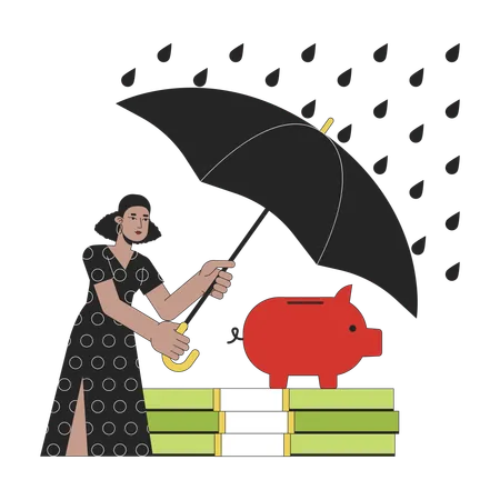 Busy Woman Protect Savings From Risks Flat Line Concept Vector Spot Illustration Shield From Financial Risk 2 D Cartoon Outline Character On White For Web UI Design Editable Isolated Color Hero Image Illustration