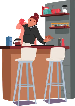 Busy Woman Character Savors A Quick Breakfast Coffee And Croissant While Dressing At Home In A Whirlwind Morning Embodying Effortless Grace Amid Bustling Routine Cartoon People Vector Illustration Illustration