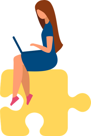 Busy woman with laptop sitting on puzzle piece  Illustration