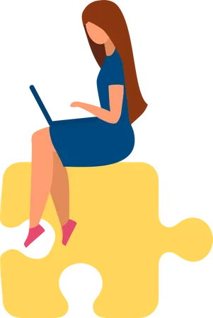 Busy woman with laptop sitting on puzzle piece  Illustration