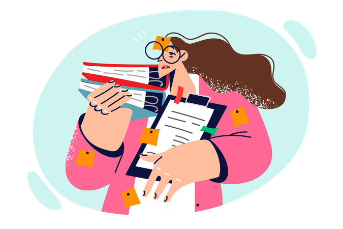 Busy woman with office workload  Illustration