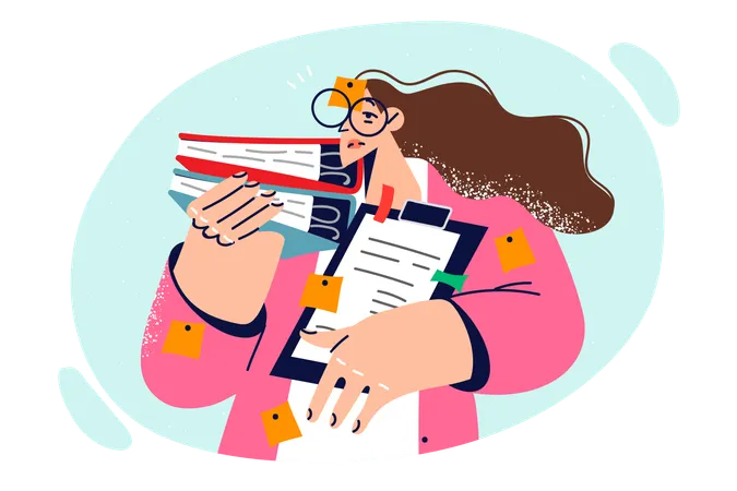 Busy Woman With Documents And Sticky Notes Needs Help With Paperwork Or Learning Time Management And Productivity Business Lady Experiencing Productivity Problems Due To Bureaucracy In Company Illustration