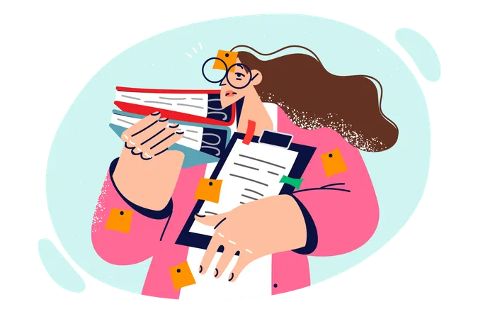 Busy woman with office workload  Illustration