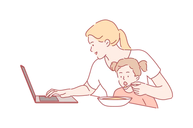 Busy woman working on laptop and eating food to daughter  Illustration