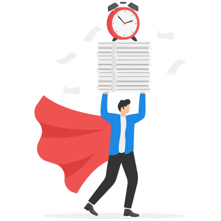Handle Busy Work Manage Workload Or Complete Multitasks Within Deadline Organize Paperwork Or Documents Effective Or Productive Concept Businessman Superhero Carry Load Of Paperwork Documents イラスト