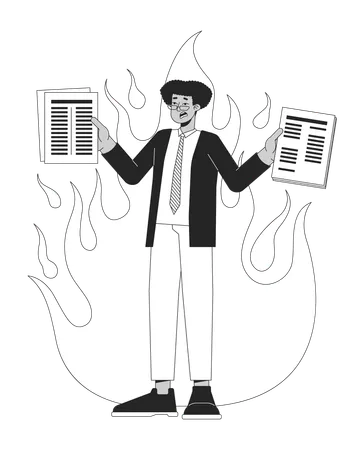 Busy Workaholic Hispanic Man Holding Papers Black And White 2 D Line Cartoon Character Latino Eyeglasses Employee Isolated Vector Outline Person Burning Deadline Monochromatic Flat Spot Illustration Illustration